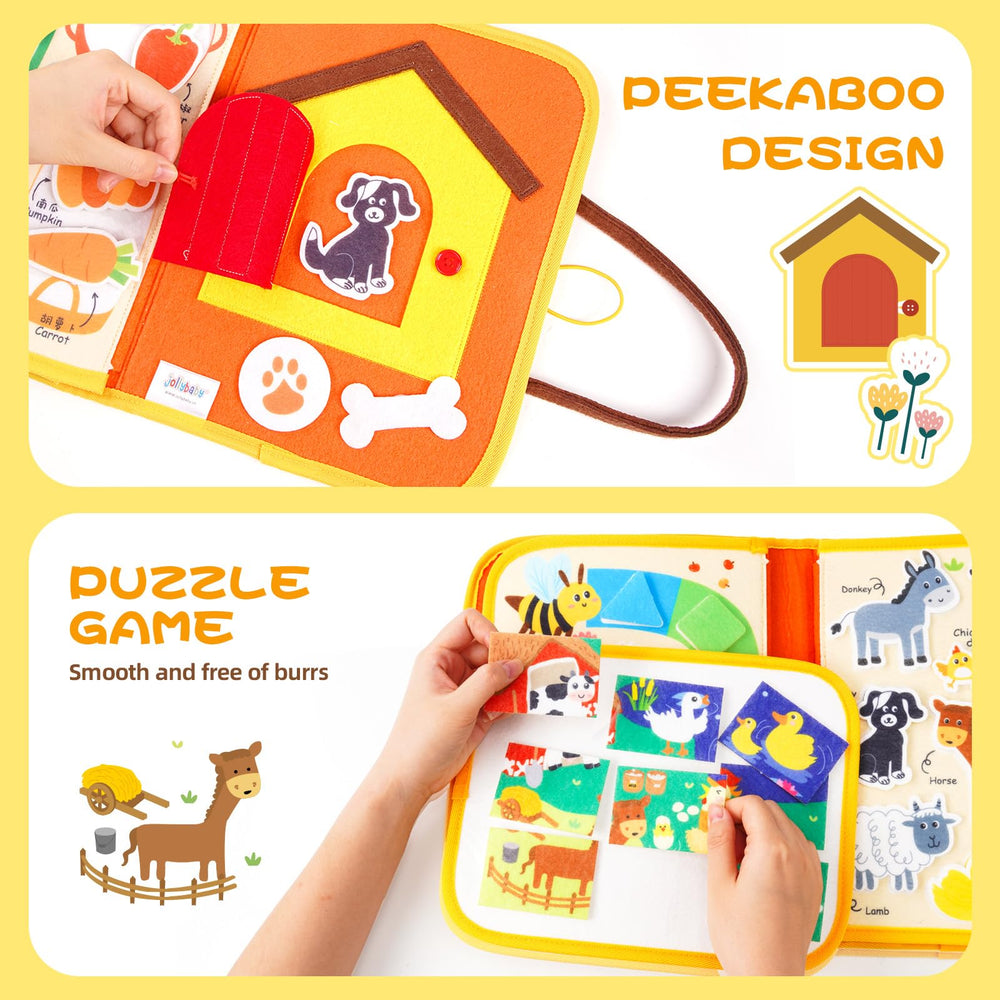 Jollybaby Farm Busy Book sturdy-stitching resists daily wear and tear.