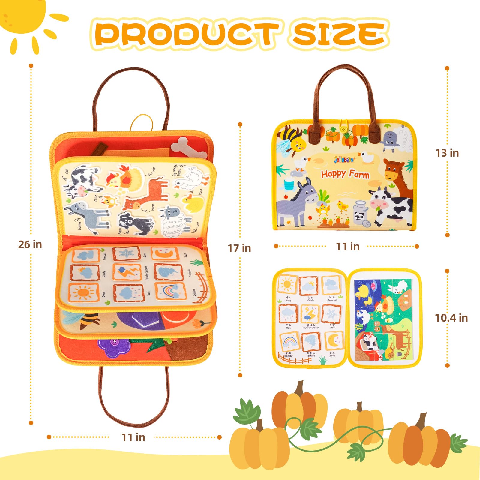 Jollybaby Farm Busy Book vegetables game introduces healthy food concepts playfully.