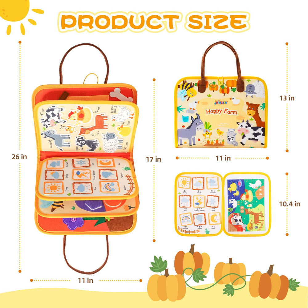 Jollybaby Farm Busy Book vegetables game introduces healthy food concepts playfully.