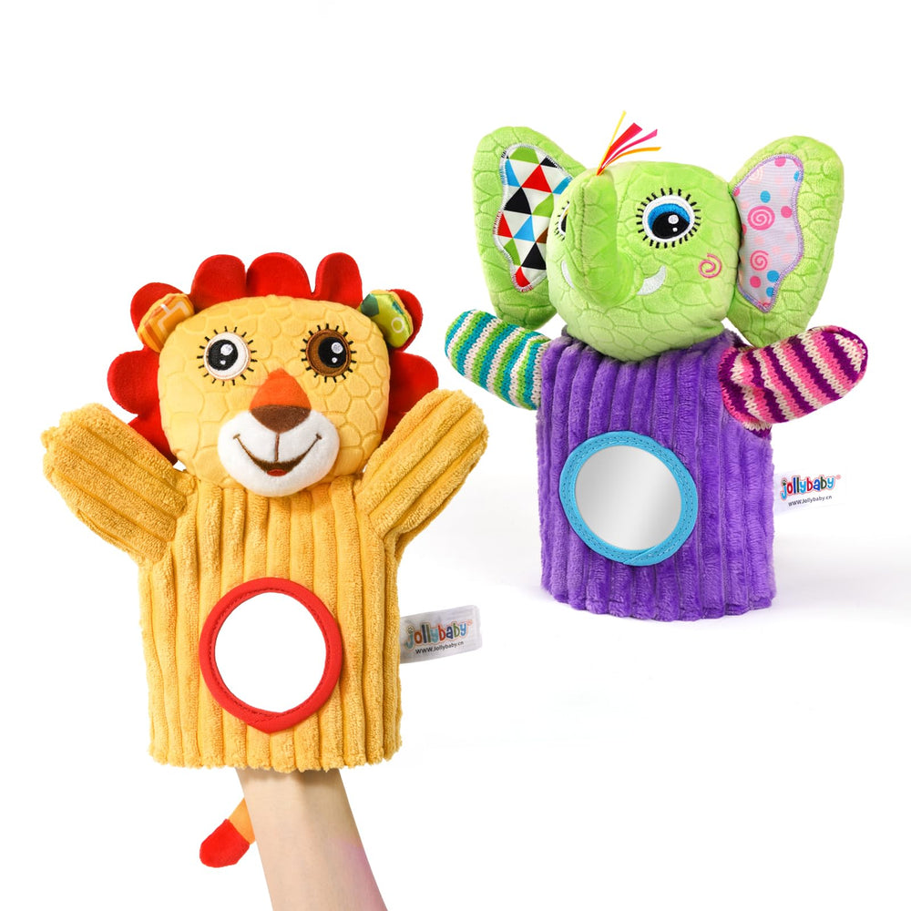 Jollybaby hand puppets with bells enhance auditory play for babies.
