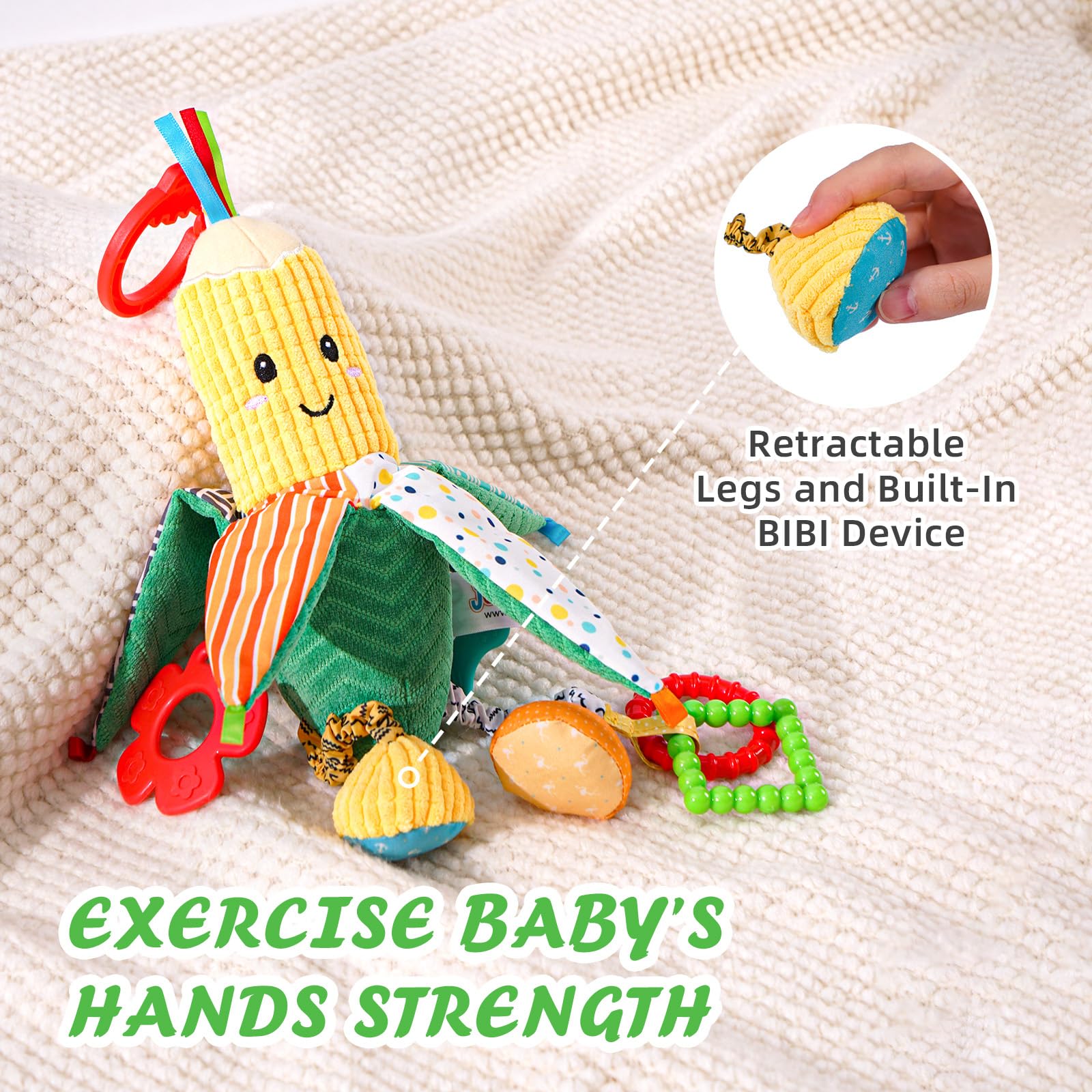 Jollybaby hanging toy with ring bell attached to stroller or crib.