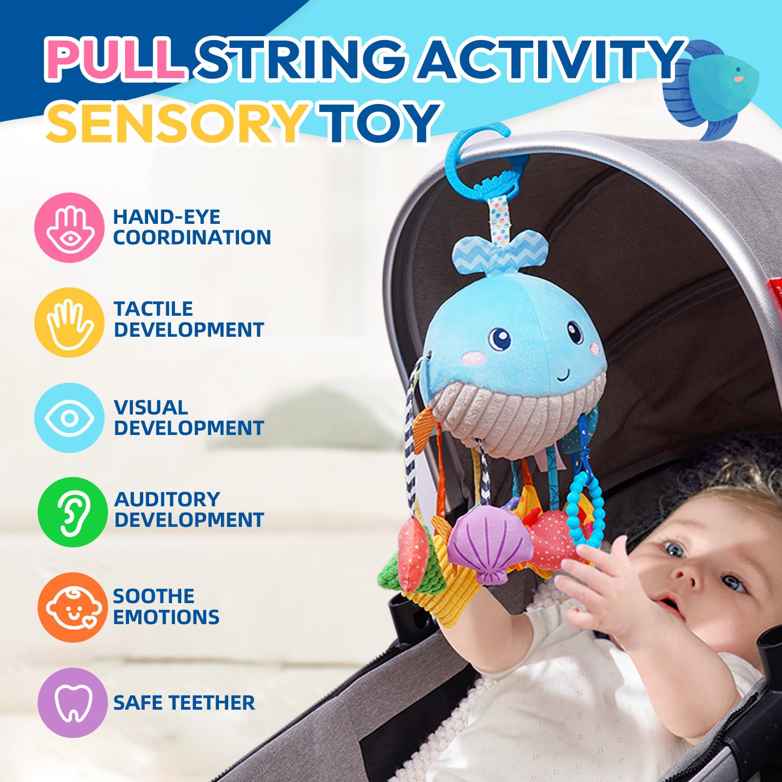 Jollybaby Montessori grip cord encourages reaching and arm strengthening