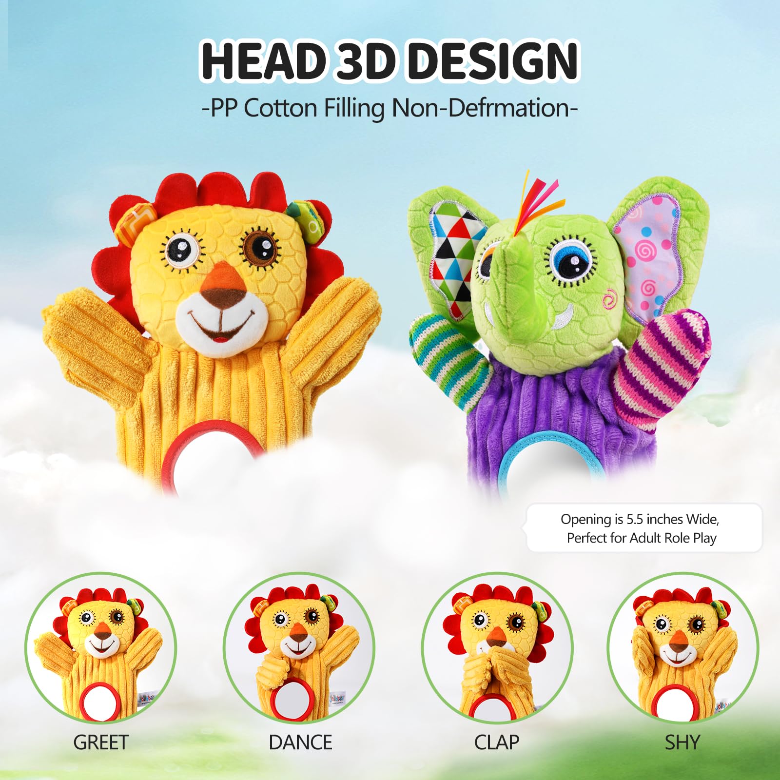 Jollybaby puppets in bright colors boost visual attention during play.