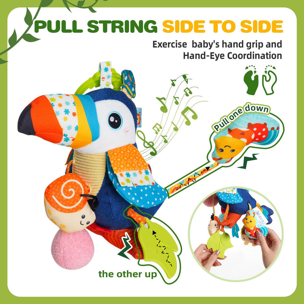 Jollybaby toucan crib toy with textured fabrics aids sensory exploration.