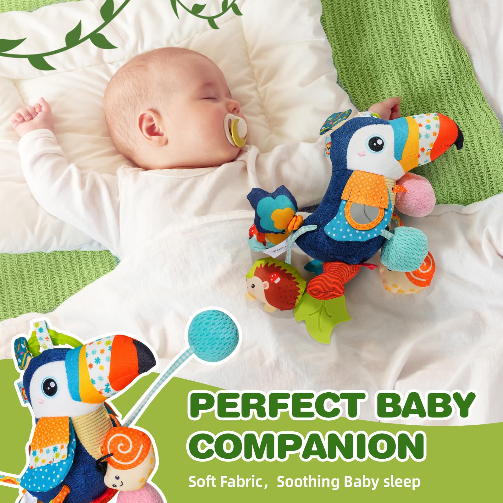 Jollybaby toucan rattle offers gentle sounds during playtime.