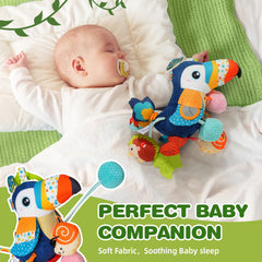 Jollybaby toucan rattle offers gentle sounds during playtime.