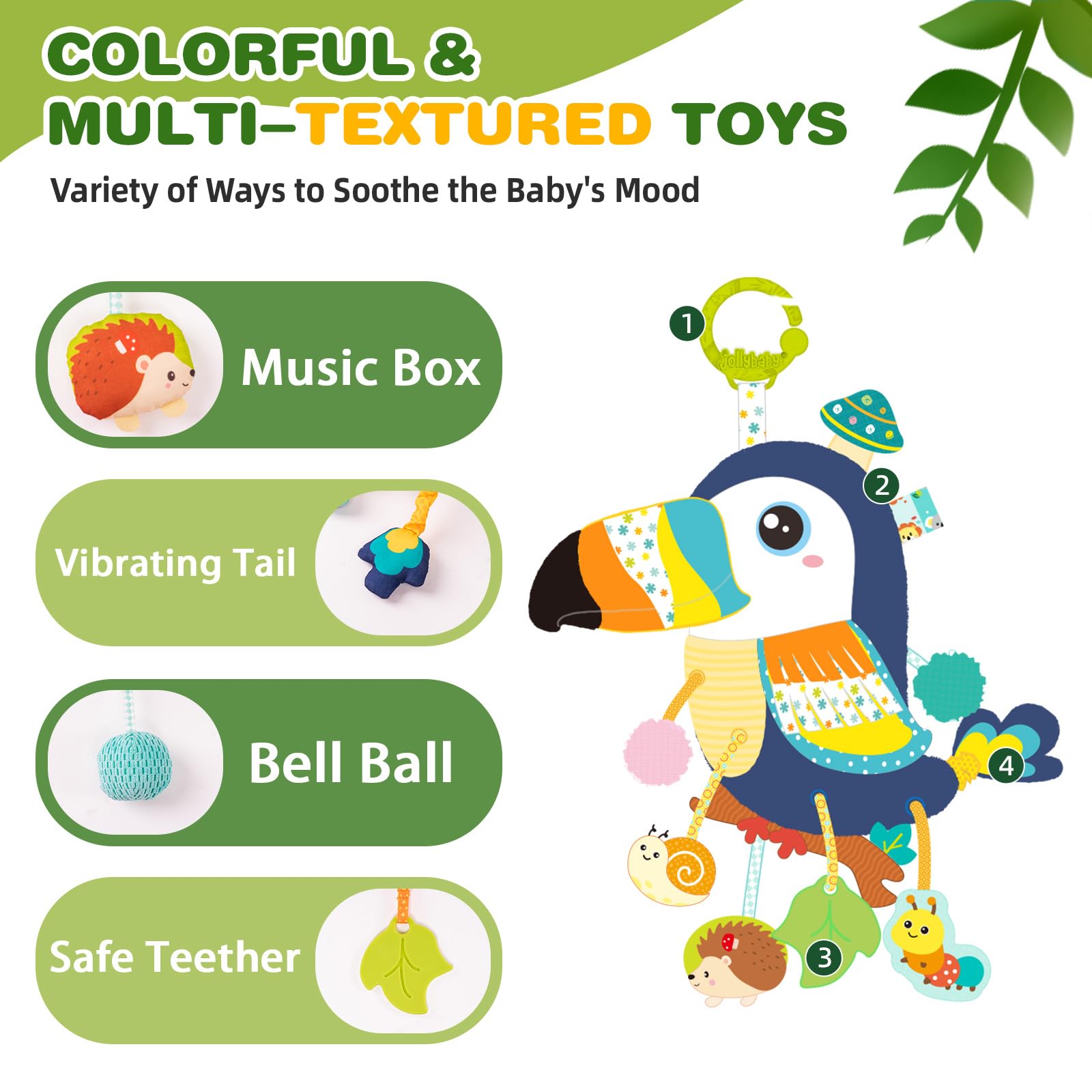 Jollybaby toucan teether attached to cords relieves teething discomfort.