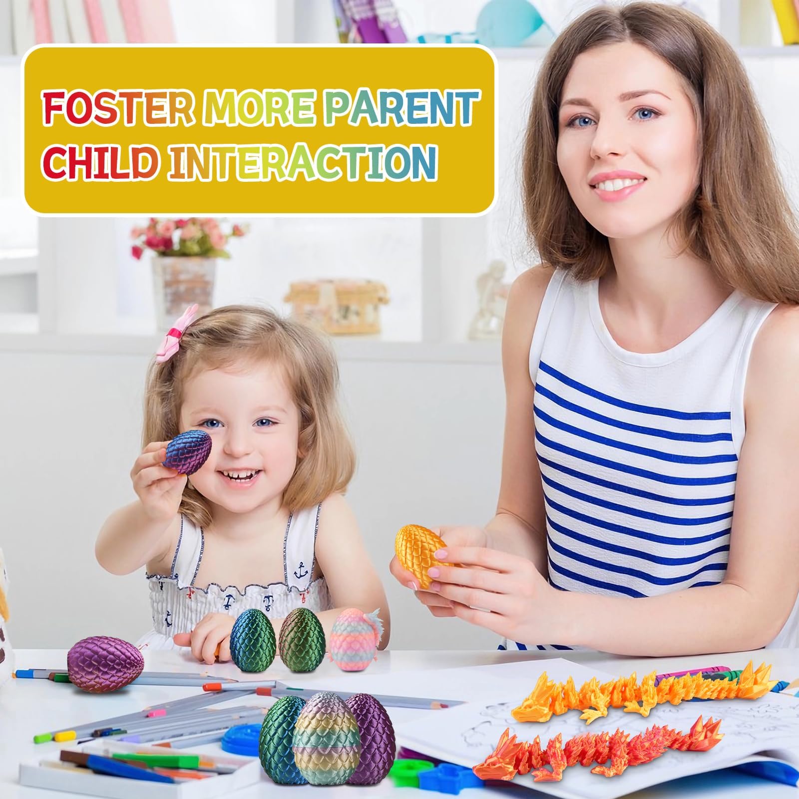 Articulated dragons let kids and adults pose the eggs for creative scenes