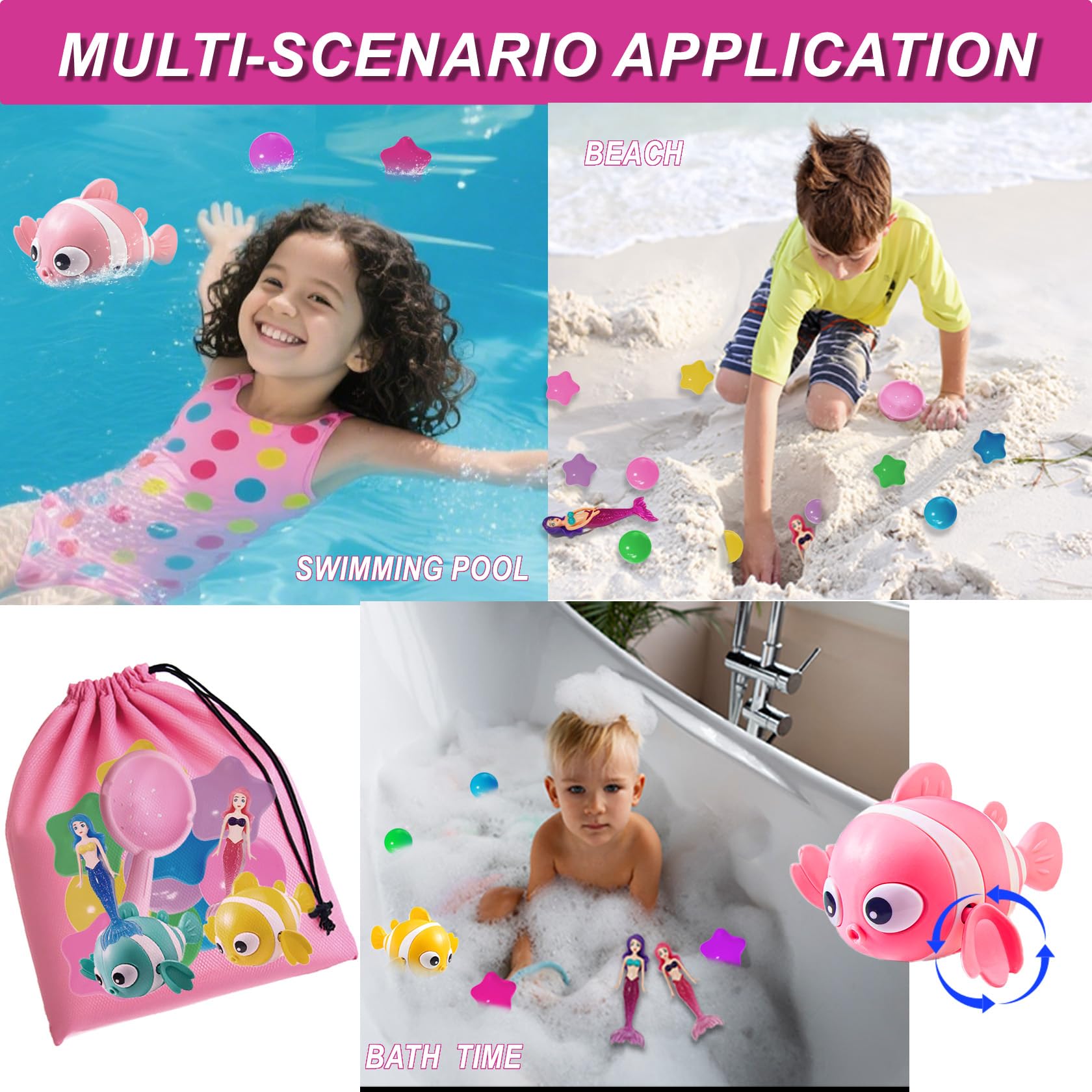 Jomi & Jolly pink wind-up fish for colorful bath fun.