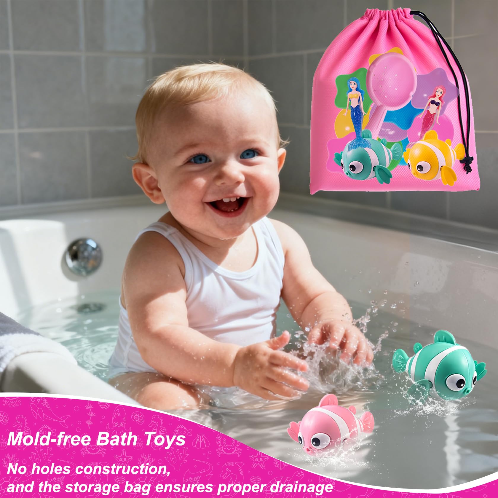 Jomi & Jolly red wind-up fish swimming in tub delight.
