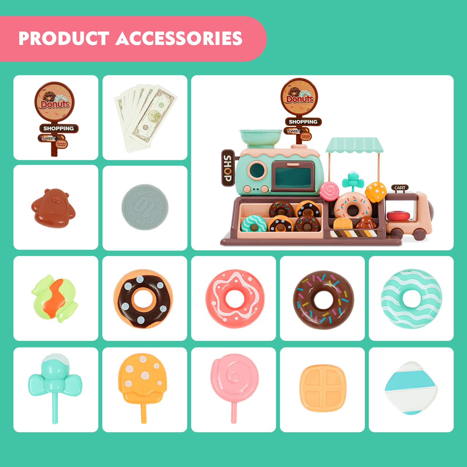 Jomifin donut and candy car adds movement and role-play variety.