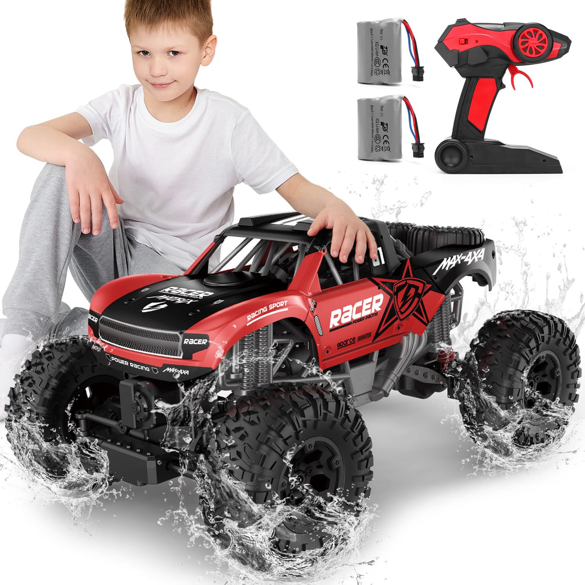 JONEALA RC Trucks 4x4 offroad on rugged terrain for controlled traction.