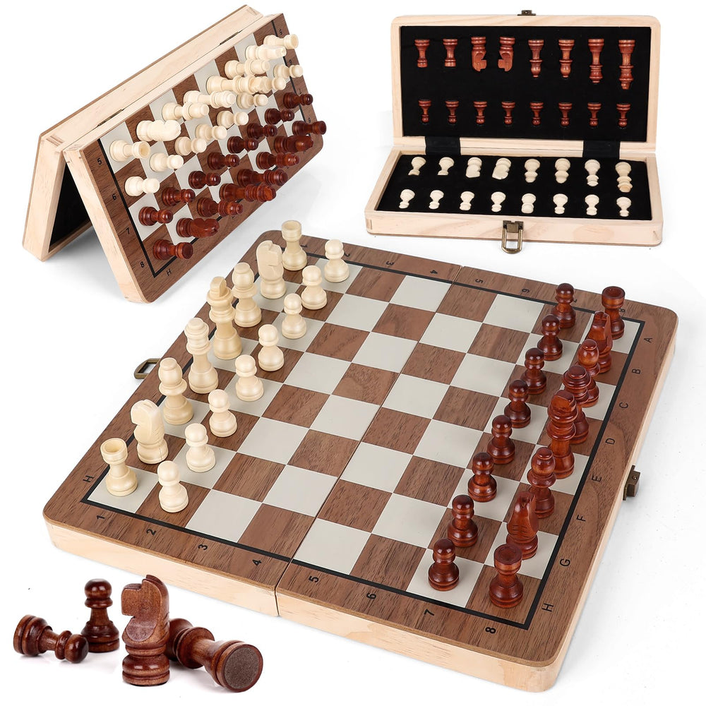 Joneytech wooden chess set folding board ready for travel and storage.