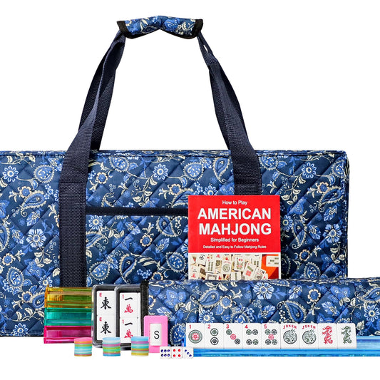 Jongyance American Mahjong set with blue carrying bag for portable game nights.