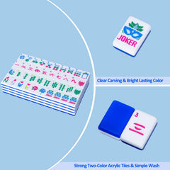 Mahjong set includes dice, chips, and guide for quick setup