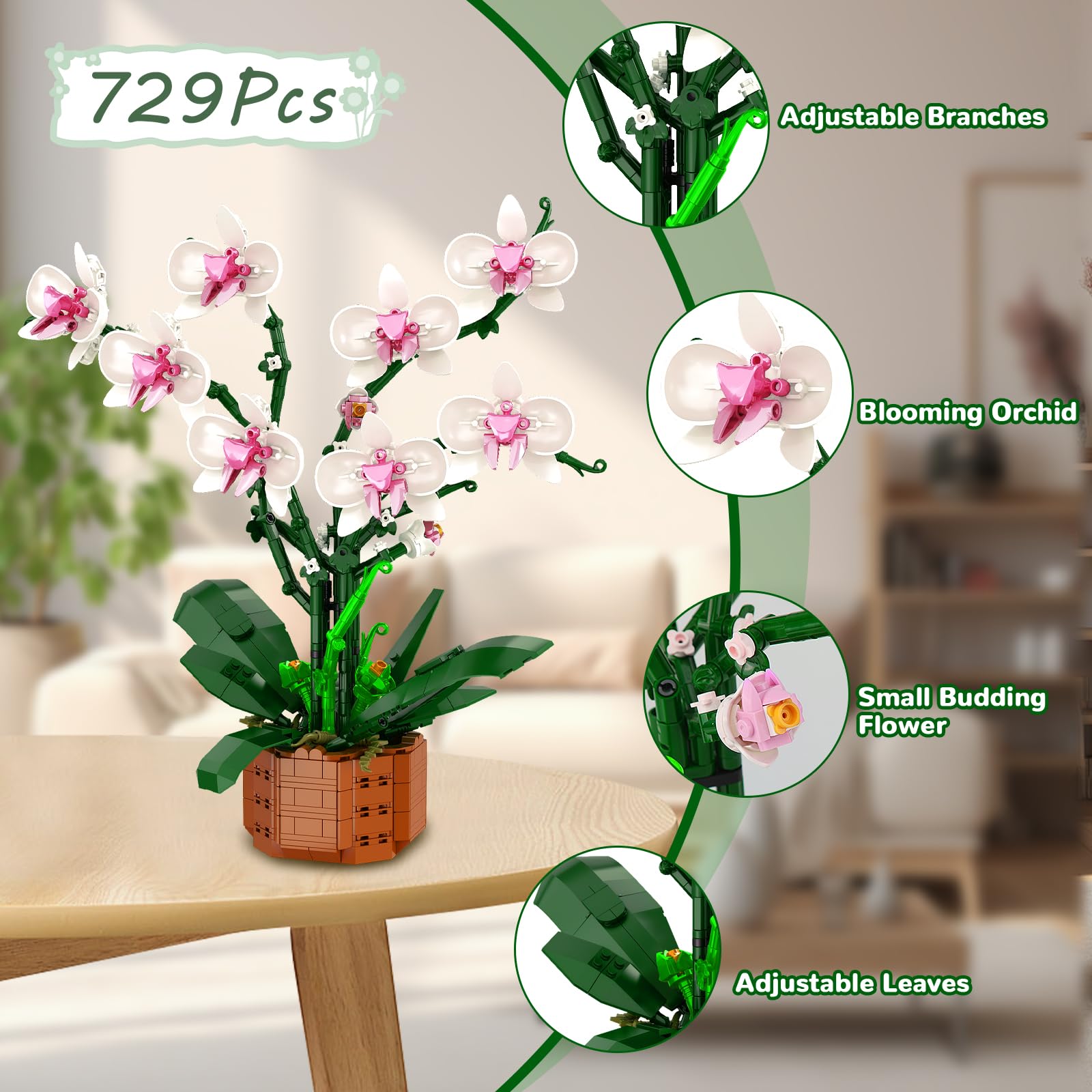Joniuuca LED light illuminates the orchid for evening ambiance.