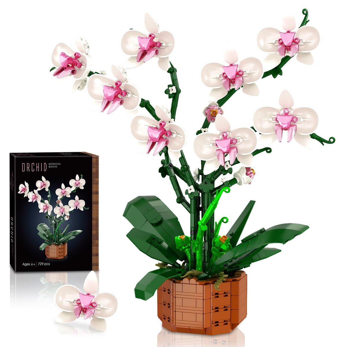 Joniuuca orchid building blocks set assembly shows a realistic centerpiece.