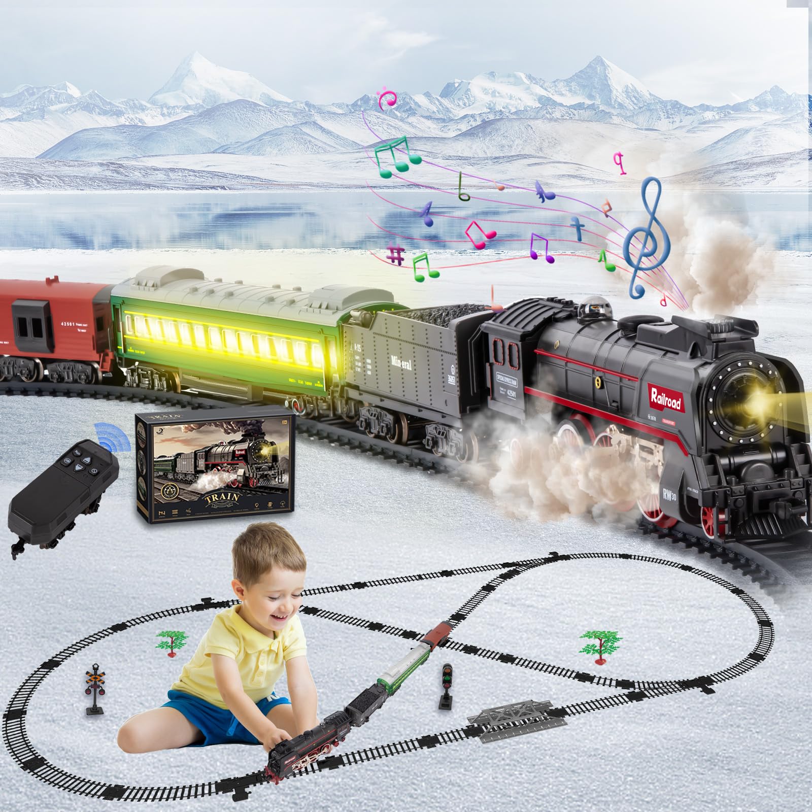 JONRRYIN electric train set locomotive with smoke and lights for immersive play
