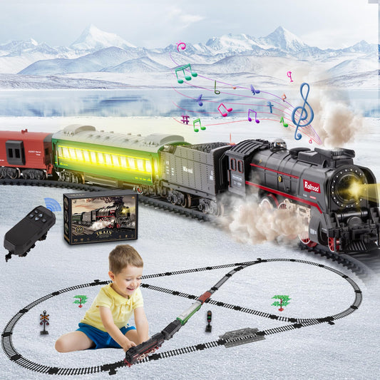 JONRRYIN electric train set locomotive with smoke and lights for immersive play