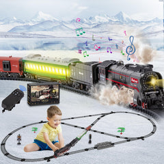 JONRRYIN electric train set locomotive with smoke and lights for immersive play