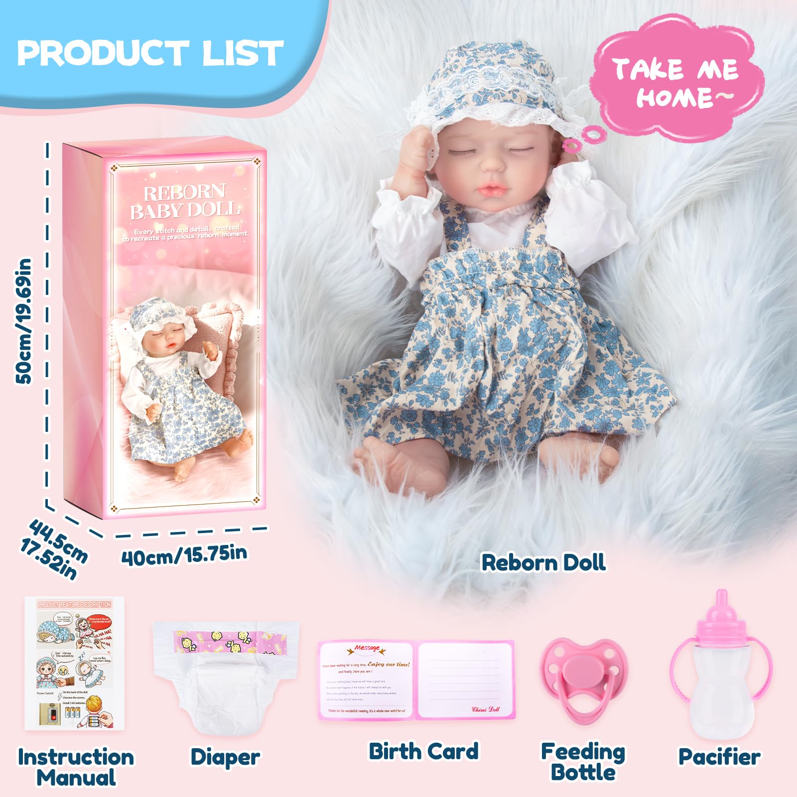 JONRRYIN Reborn baby doll in blue kit ready for dress-up and storytelling.