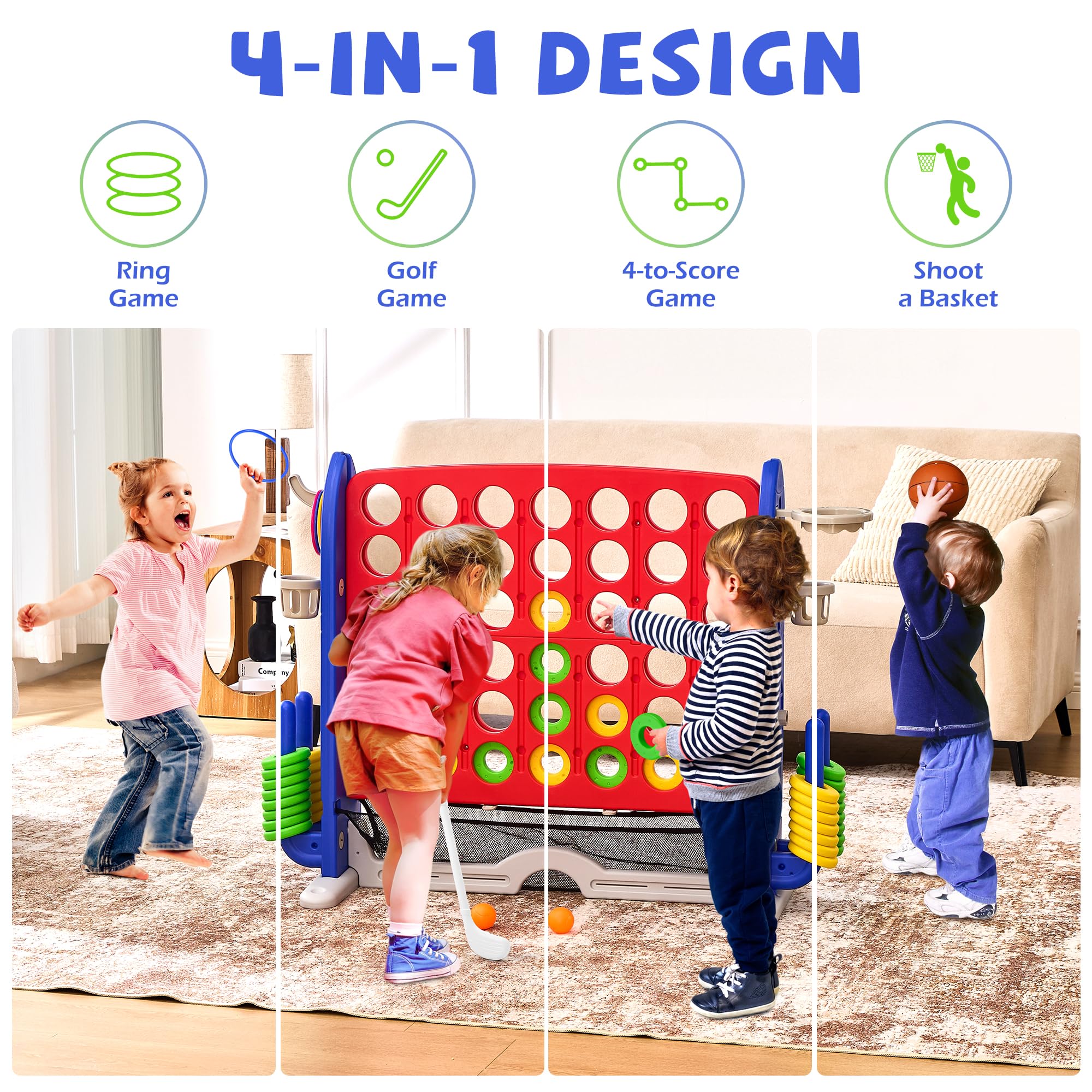 JooKiddie Giant 4-in-a-Row uses durable, non-toxic materials for safe play