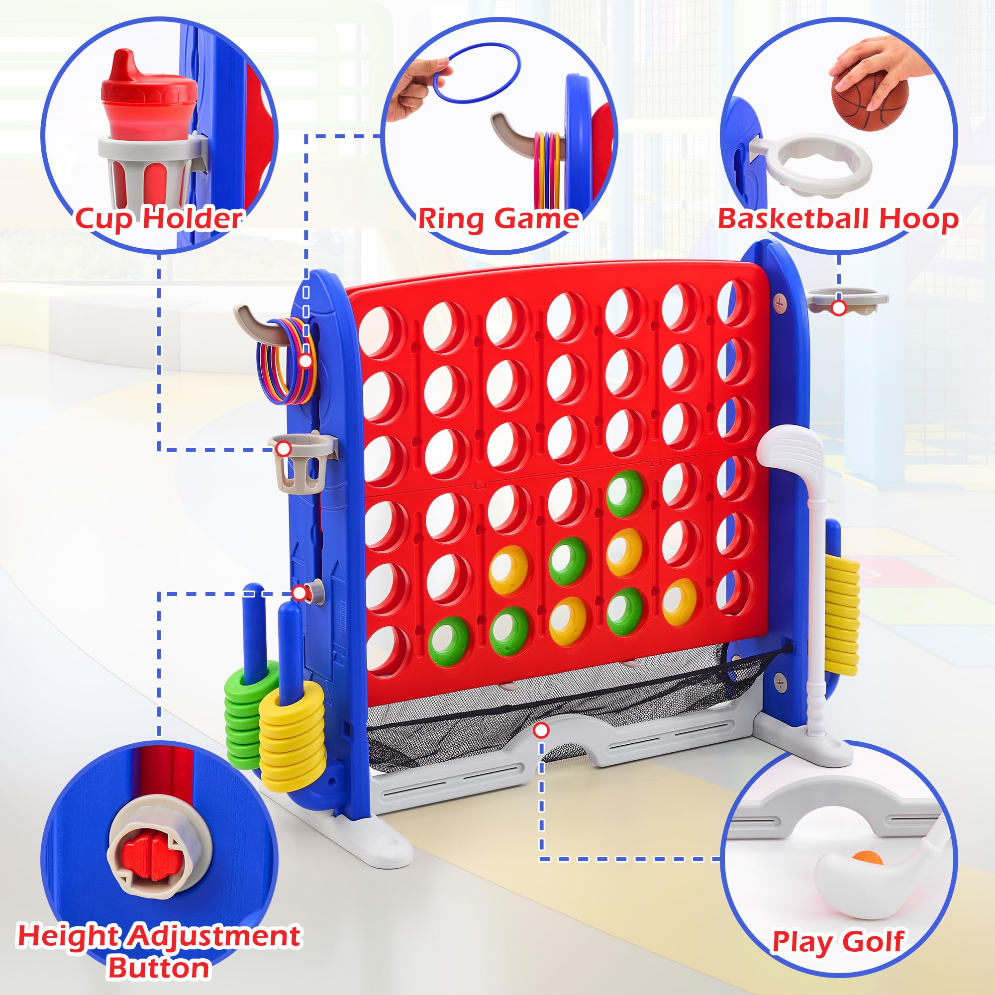 JooKiddie Giant 4-in-a-Row height adjustment adapts to kids and adults