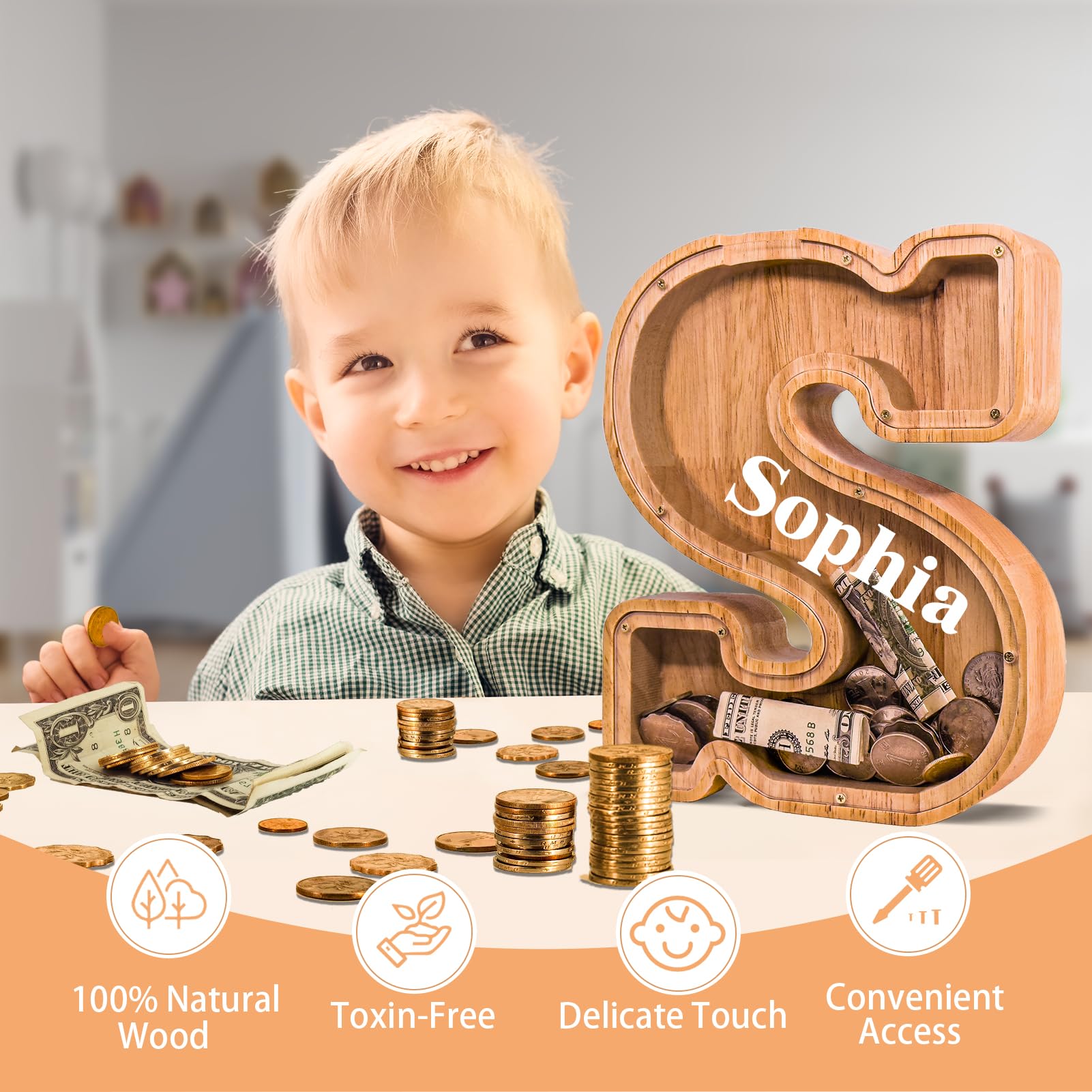 JOOMLAFLY initial piggy bank in eco-wood shows durable, kid-friendly storage