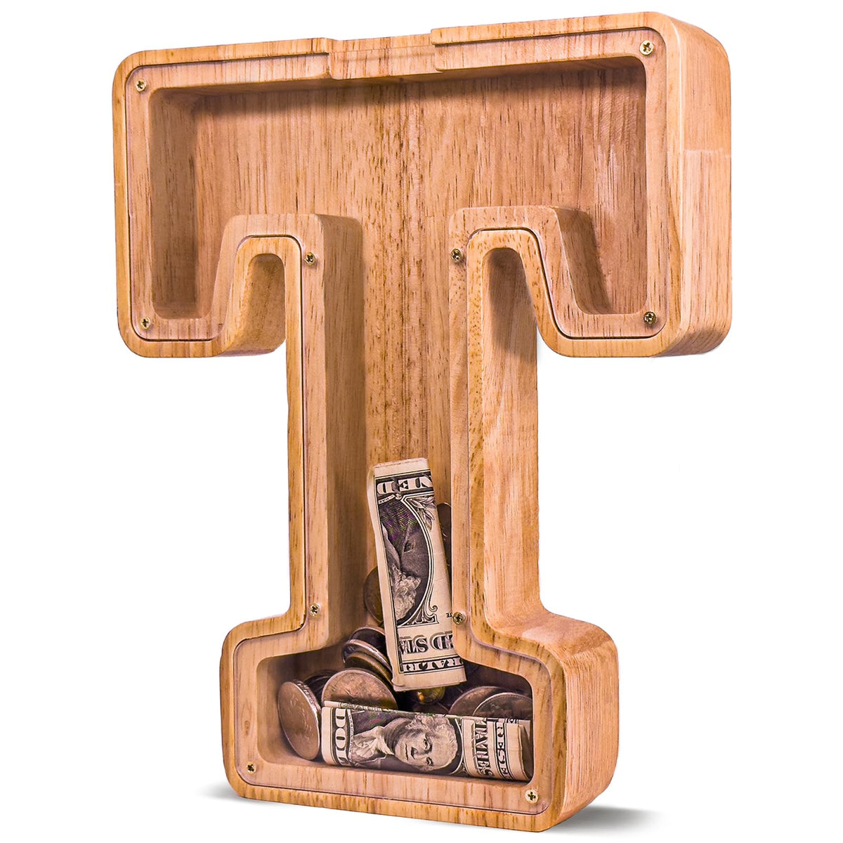 JOOMLAFLY wooden initial piggy bank front view for kids savings