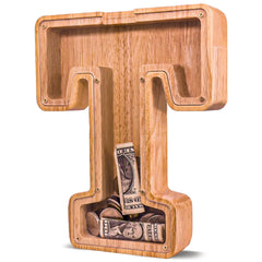 JOOMLAFLY wooden initial piggy bank front view for kids savings