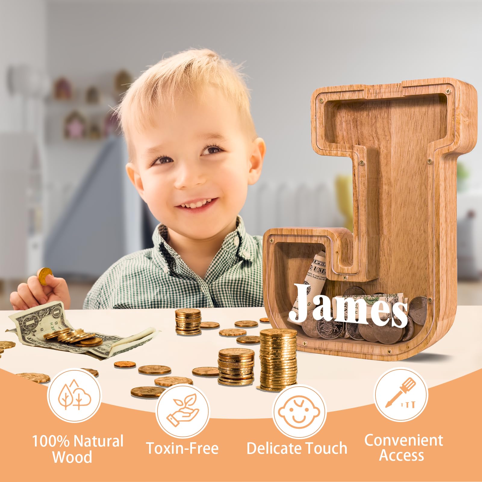 JOOMLAFLY initial piggy bank for kids with clear acrylic savings panel