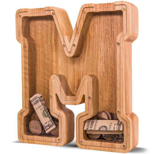 JOOMLAFLY wooden letter piggy bank front view promotes early saving awareness.
