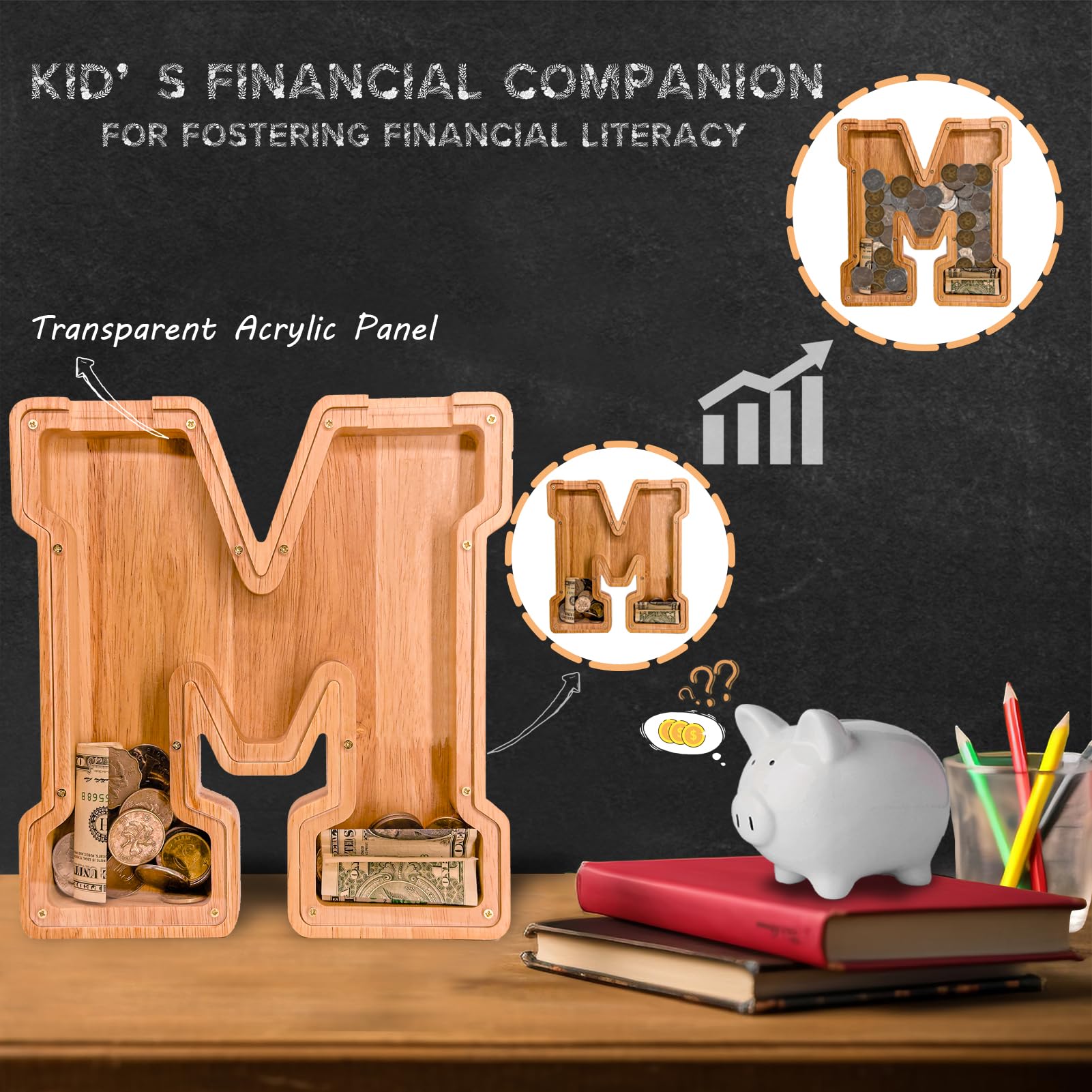JOOMLAFLY wooden letter piggy bank side view showcases craft and sturdiness.