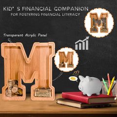 JOOMLAFLY wooden letter piggy bank side view showcases craft and sturdiness.