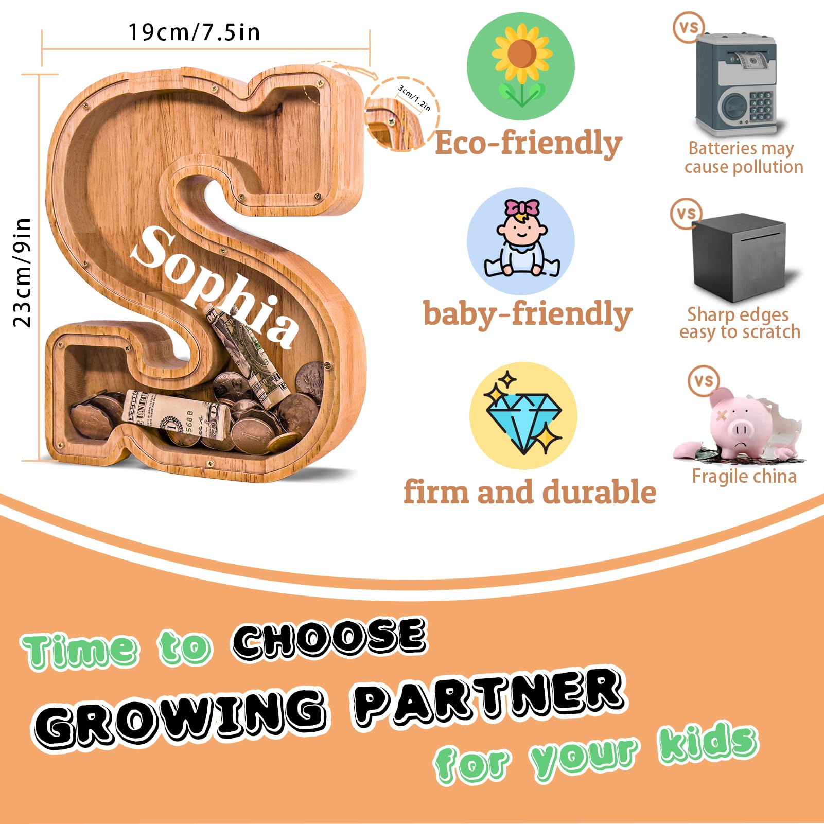 JOOMLAFLY rounded-corner wood piggy bank blends safety with stylish decor