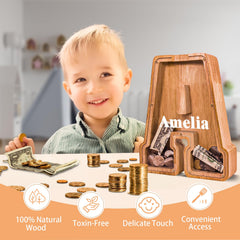 JOOMLAFLY wooden letter bank side view highlights durable natural wood