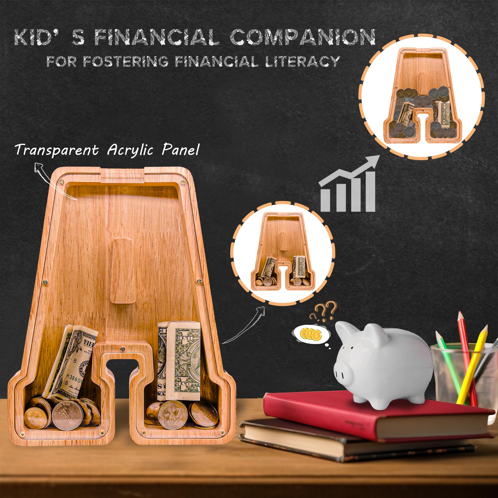 JOOMLAFLY wooden letter bank top view shows clear savings panel