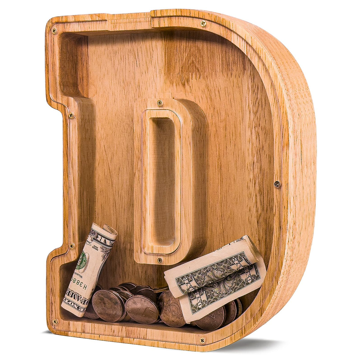 JOOMLAFLY wooden letter piggy bank with A-Z display for saving progress.