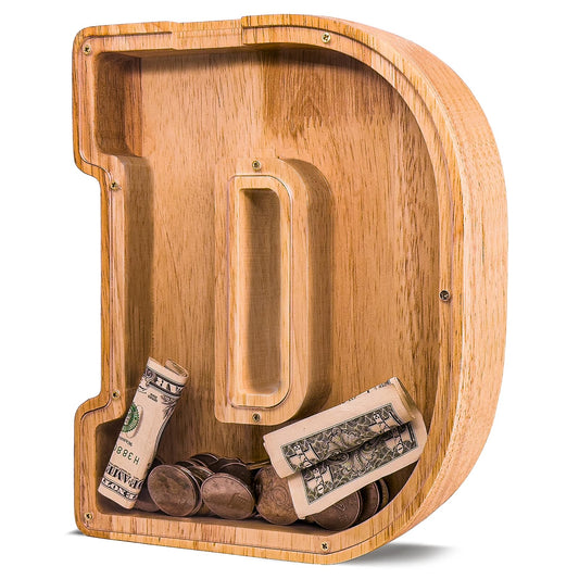 JOOMLAFLY wooden letter piggy bank with A-Z display for saving progress.