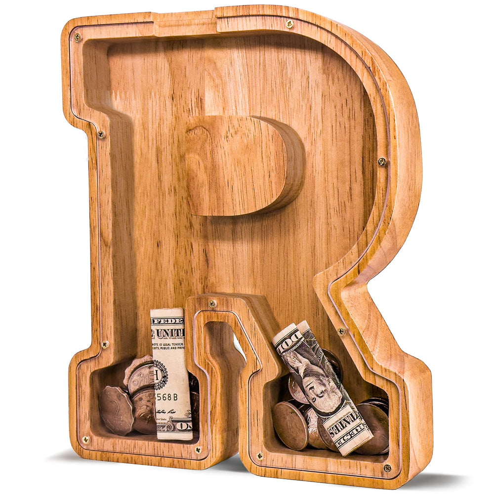 JOOMLAFLY wooden letter piggy bank with acrylic panel for easy savings monitoring