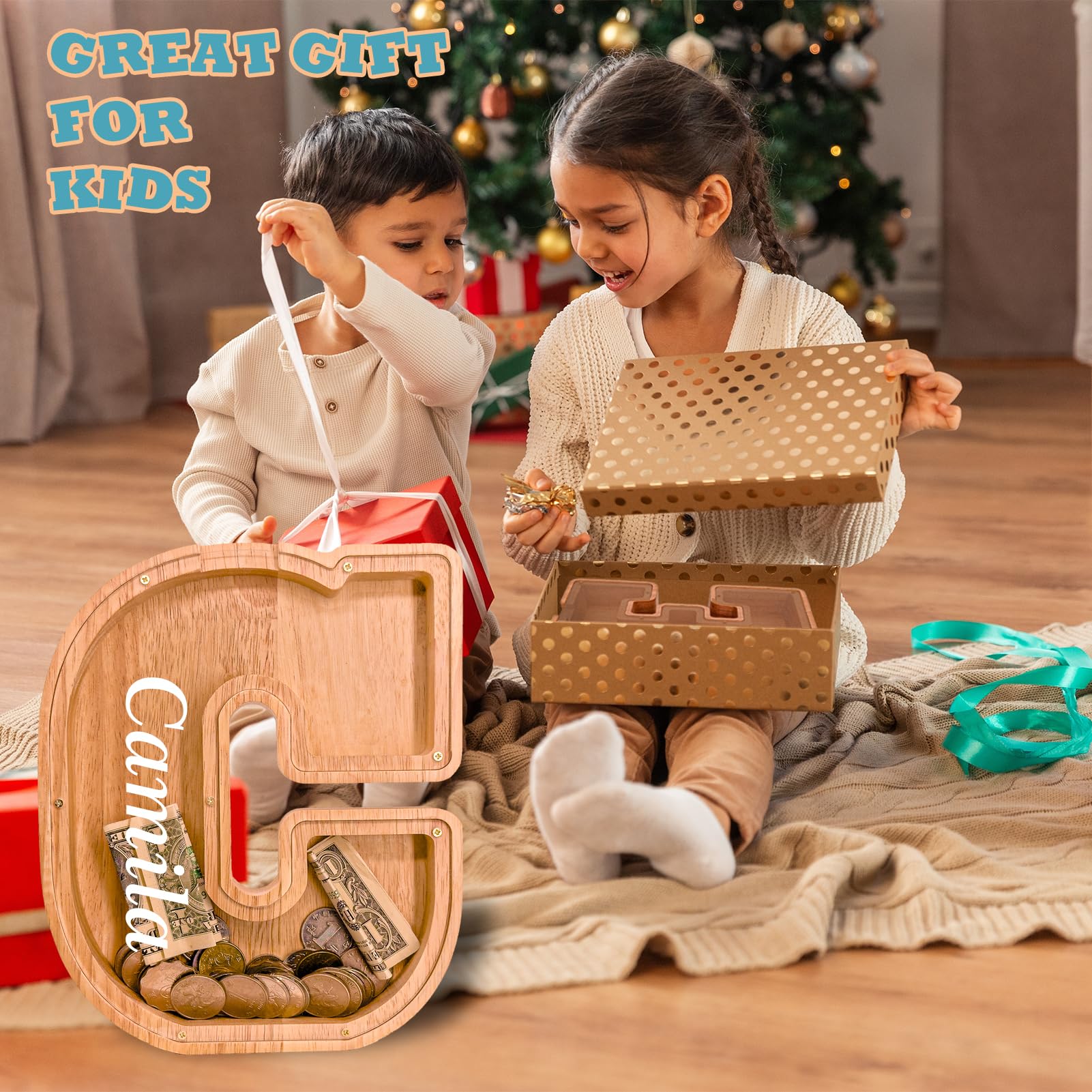 JOOMLAFLY wooden letter piggy bank compact dimensions and stable design