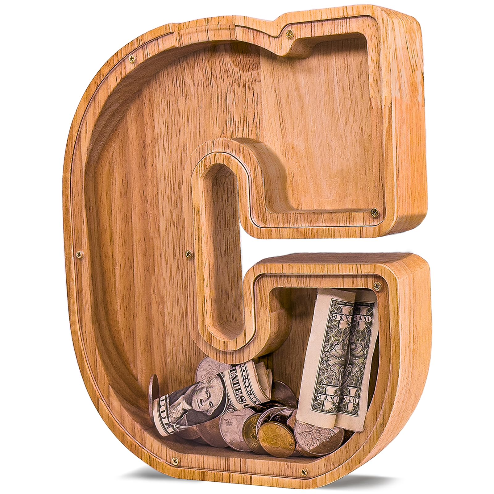 JOOMLAFLY wooden letter piggy bank front view showing bold initial and natural finish
