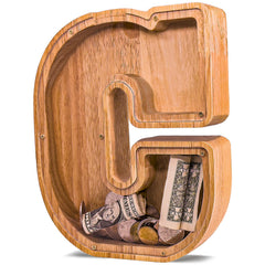 JOOMLAFLY wooden letter piggy bank front view showing bold initial and natural finish