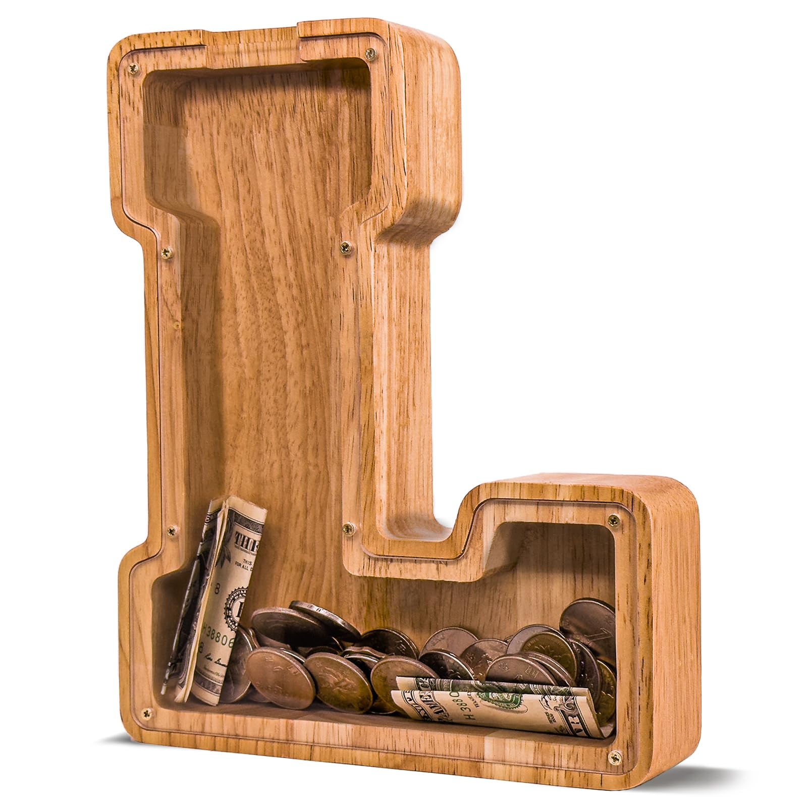 JOOMLAFLY wooden letter piggy bank with initial view helps track savings
