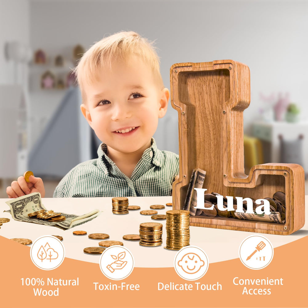 JOOMLAFLY wooden letter piggy bank close up shows smooth finish for safe handling