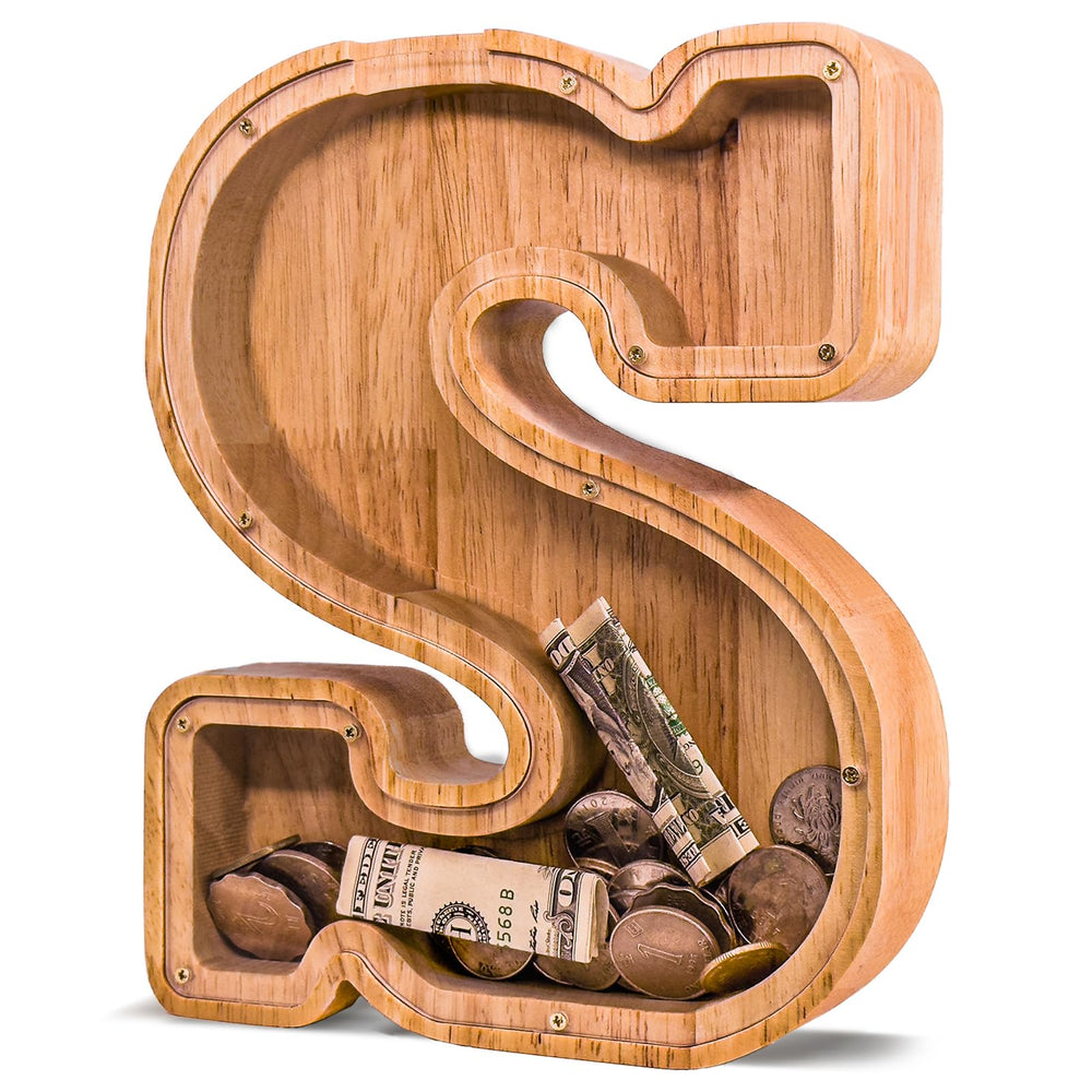 JOOMLAFLY wooden letter piggy bank with transparent panel tracks savings visually