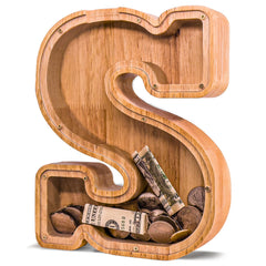 JOOMLAFLY wooden letter piggy bank with transparent panel tracks savings visually