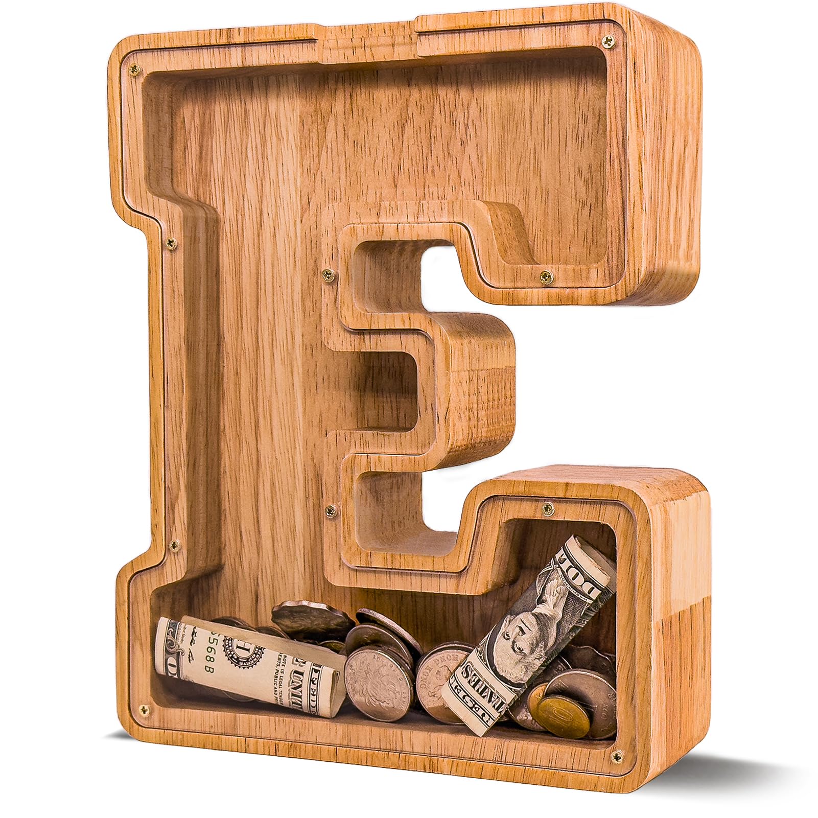 JOOMLAFLY wooden letter piggy bank with natural finish promotes early saving for kids