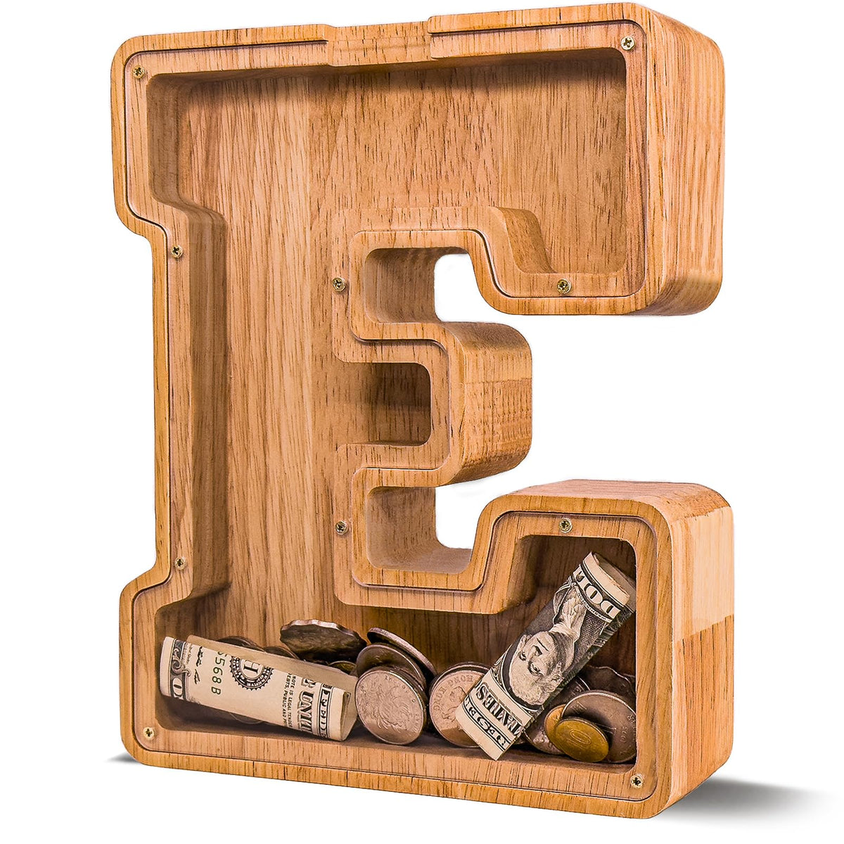 JOOMLAFLY wooden letter piggy bank with natural finish promotes early saving for kids