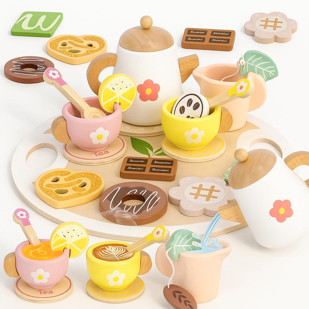 JOOMLAFLY wooden teapot with lid for tiny hands and safe pretend tea parties.